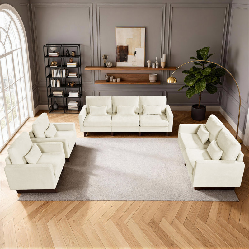 Ensemble de salon 4 pièces - Canapé et causeuse en chenille et 2 chaises avec pieds en bois - (3 + 2 + 1 + 1)