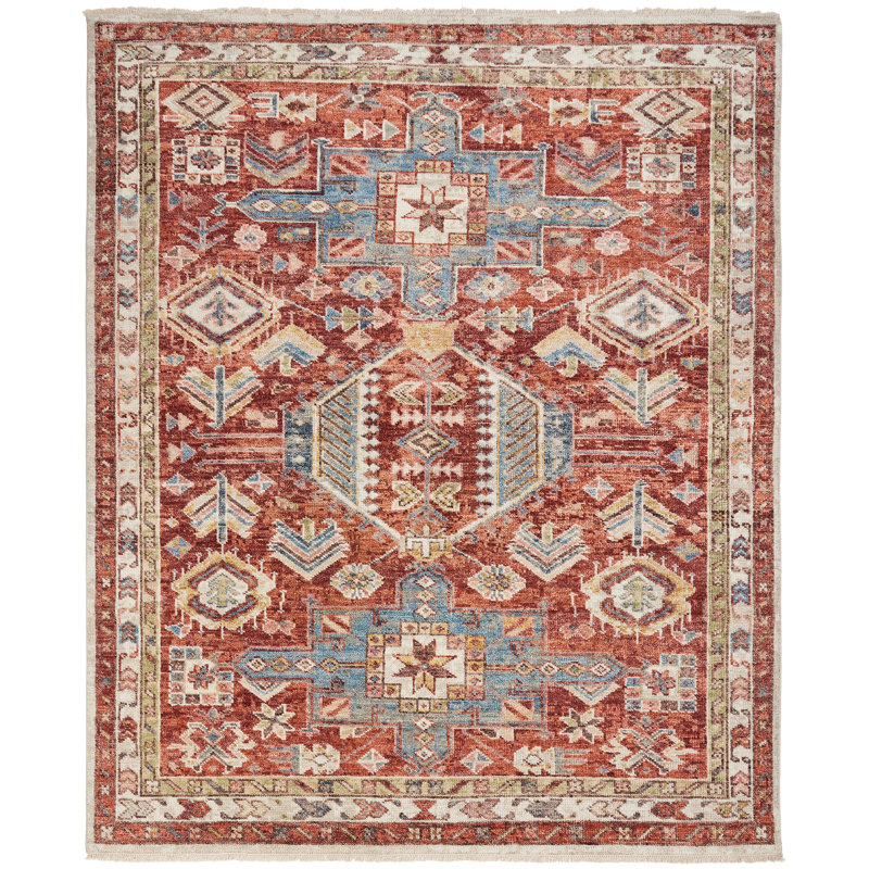 Omaque Hand Knotted Wool Southwestern Area Rug, Rectangle 10' x 14', Rust