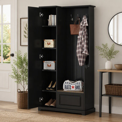 Stylish Design Hall Tree With Flip-Up Bench, Minimalist Hallway Shoe Cabinet With Adjustable Shelves, Multifunctional Furniture With Hanging Hooks For Entryways, Mudroom