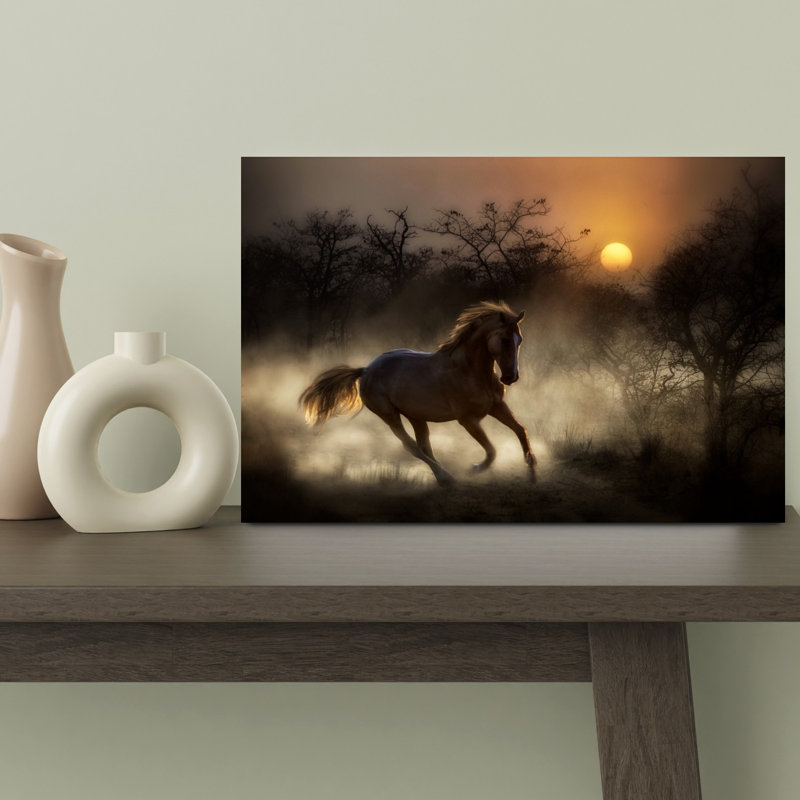 Cheval sauvage au coucher du soleil, course au coucher du soleil, affiche murale abstraite et contemporaine représentant un cheval sauvage au lever du soleil.