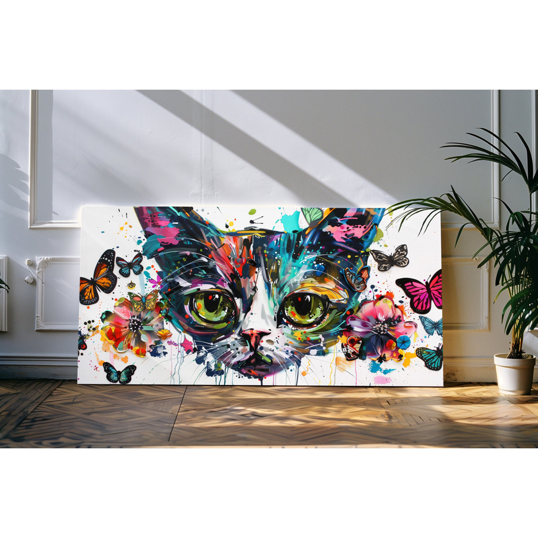 Wandbild 120x60cm Katzen Porträt Farbenfroh Bunt Schmetterlinge Blumen