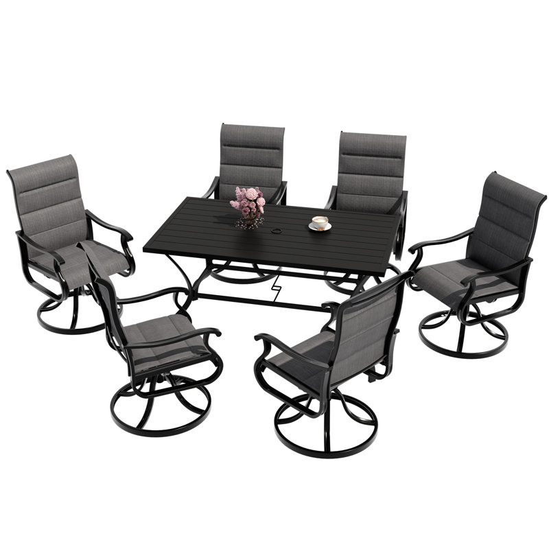 6 - Person Padded Swivel Rocking Outdoor Dining Set With Rectangular Metal Table, Gray
