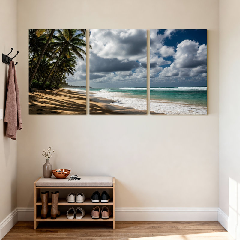 Palmiers, plage tropicale, palmiers, vagues océan, ciel, nuages, sable, ensemble de 3 impressions sur toile