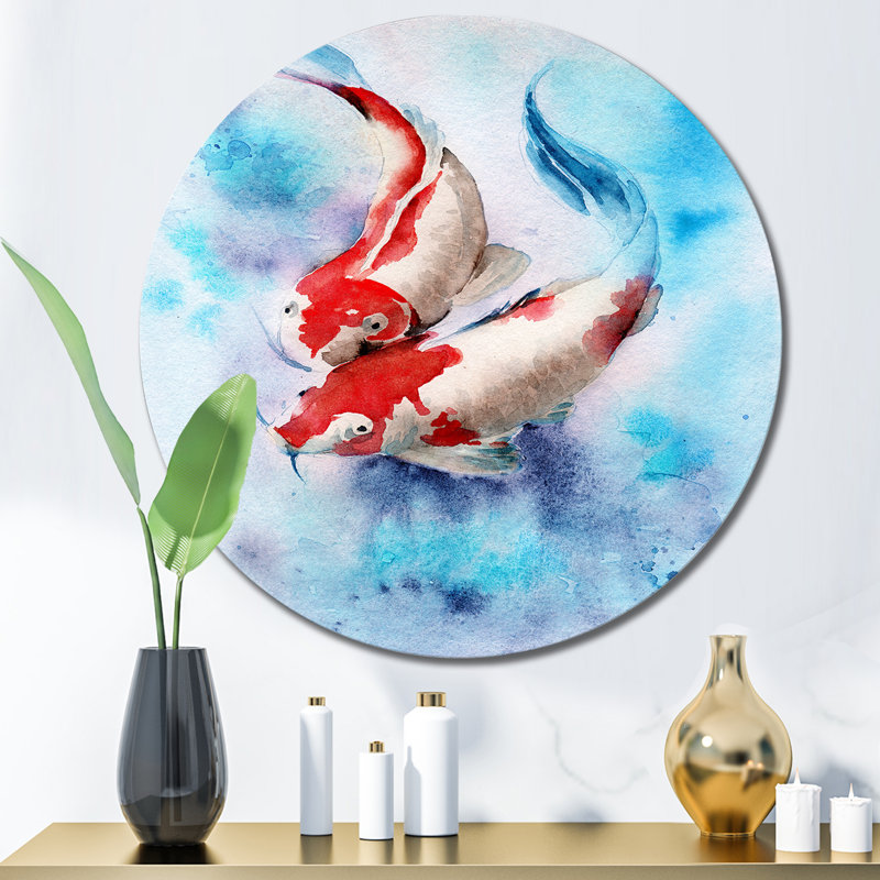 Deux poissons Koi. Taches rouges dans une eau bleue transparente - peinture sans cadre sur métal