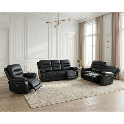 Ensemble de canapé inclinable électrique de luxe 3 pièces avec éclairage DEL, cuir respirant, charge USB, table rabattable et console de rangement