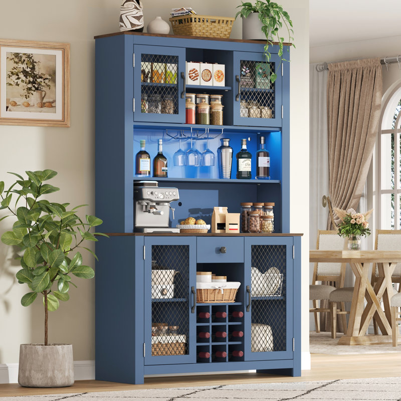 70.9" Kitchen Storage With Ports, Wine Rack, And Large Countertop Workspace For Dining Rustic Buffet Led Strip, 6 - Glass Stemware Ample