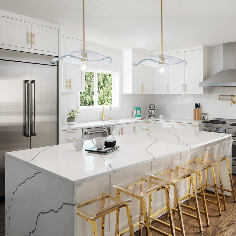 Modern 18.5-Inch Handcrafted Wavy Glass Pendant Light, Adjustable Antique Brass Kitchen Island Lighting
