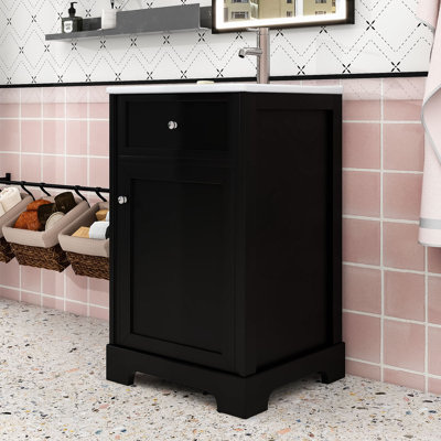 Meuble-lavabo de salle de bain avec lavabo en céramique, tablettes réglables et armoire de rangement
