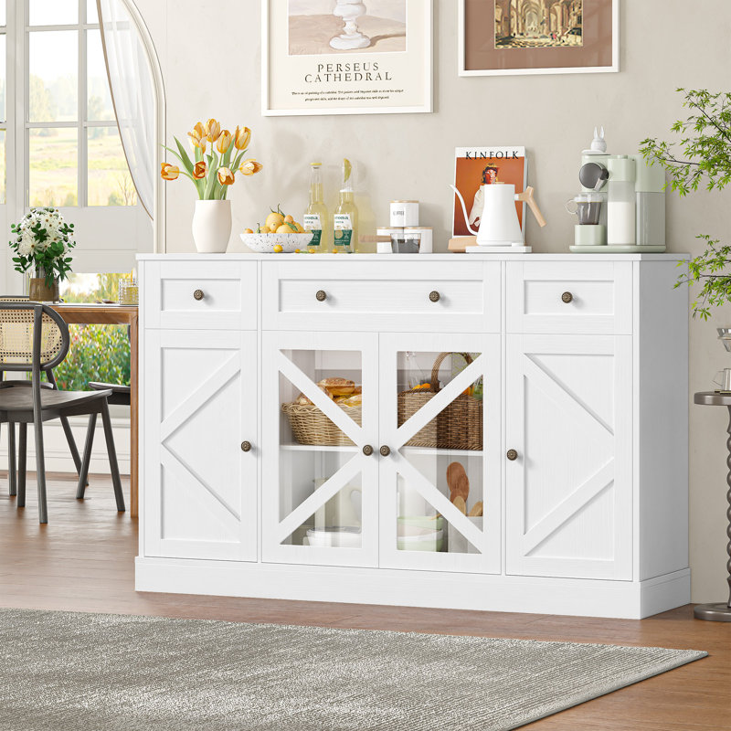 Lovern 55.1'' W 4-Door Sideboard with 3 Drawers, Interchangeable Doors, Close-Out Sales, White