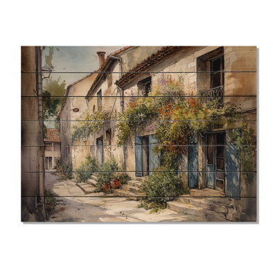 Village méditerranéen, rue V - Paysage, impression murale sur bois
