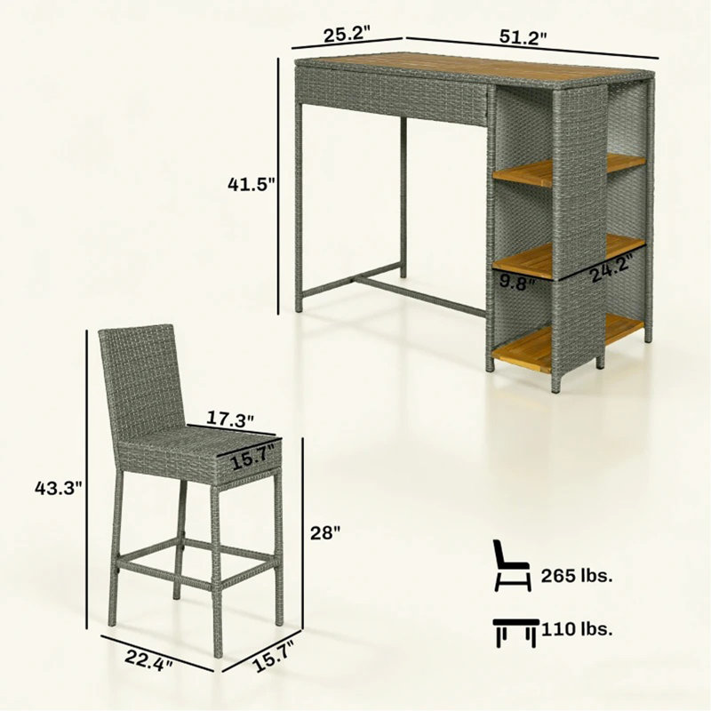 Ensemble de bar et table d'extérieur en osier 5 pièces