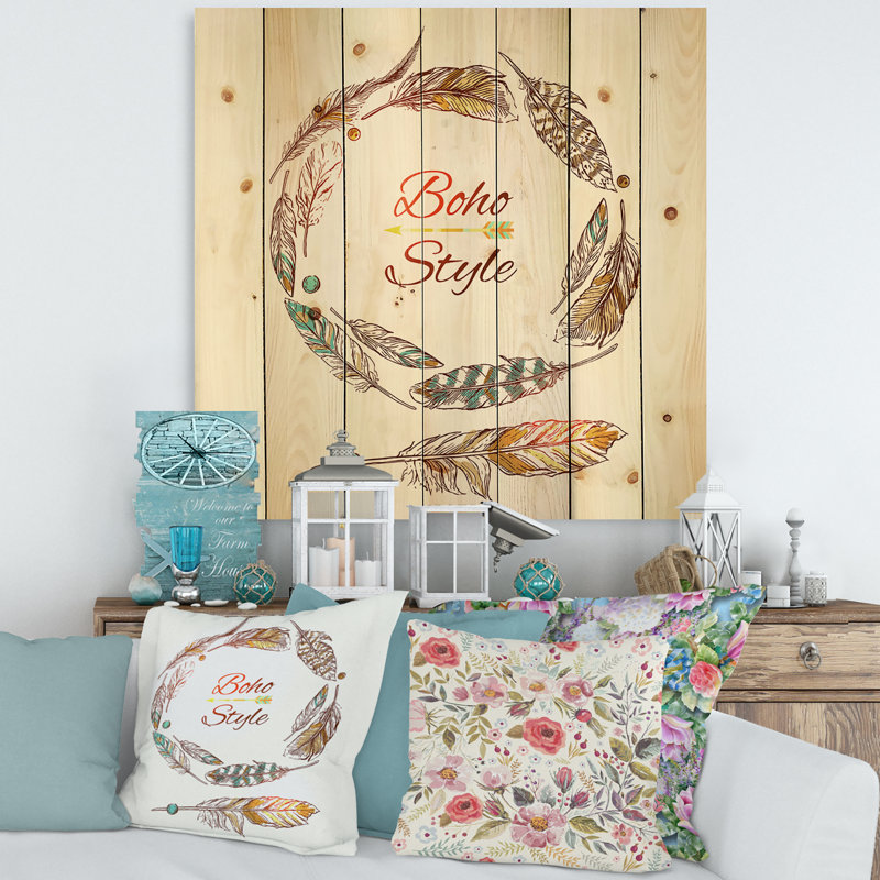 Plume bohème ethnique - Bohème et éclectique sur bois de pin naturel, H 35 po x l 35 po x P 0,78 po