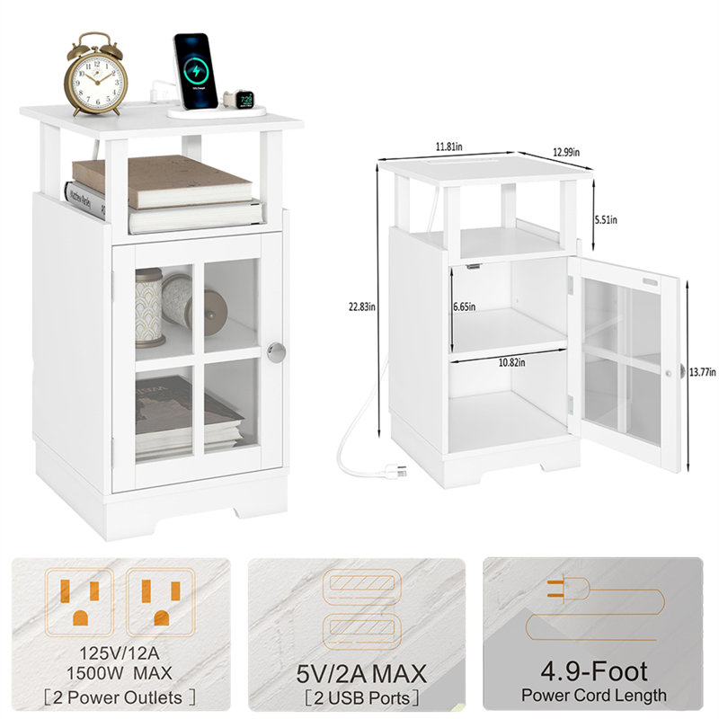 Table de chevet multifonctionnelle avec station de charge et rangement, Blanc