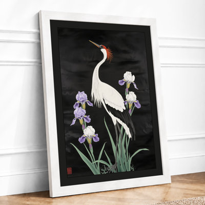 Crane Among Irises Japandi - Framed Print