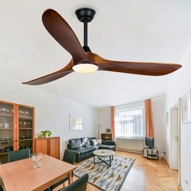 3 - Blade Modern Solid Wood Ceiling Fan With Light And Remote Control, Brown Wood, 52"