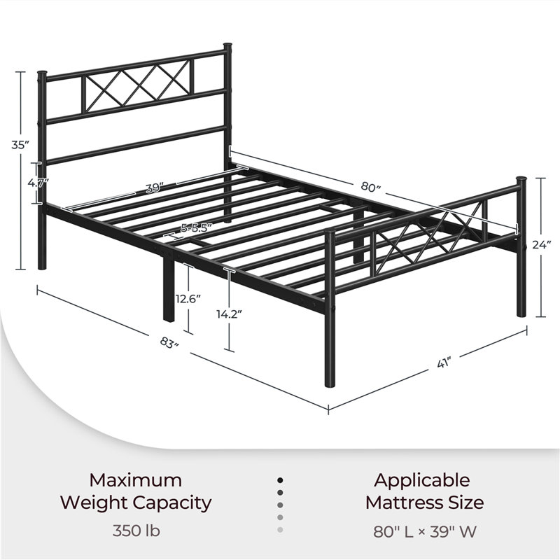 Brandee Metal Platform Bed Frame with Headboard and Footboard, Twin XL, Black