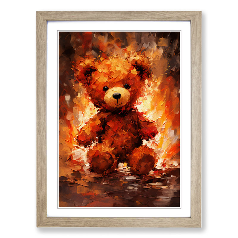 Teddy Bear Action Painting - Single Picture Frame Print on Wood, 34cm H x 25cm W x 2cm D, Oak
