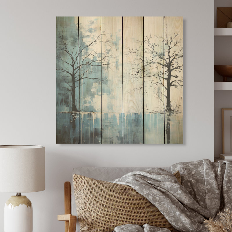 Minimalisme, charme d'arbre bleu - panneau de bois sur bois de pin naturel, H 15 po x l 15 po