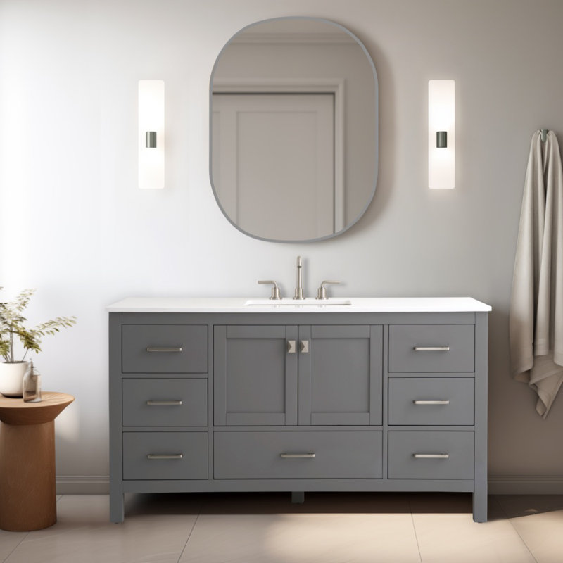 Meuble-lavabo simple 60 po avec plateau en quartz blanc Philant, Gris