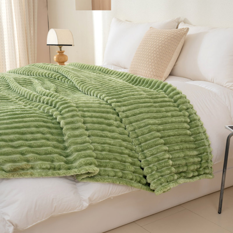 Striped Plush Lightweight Throw Blanket, Ultra Soft & Cozy for Sofa Couch Bed, Machine Washable, 200cm x 230cm, Green