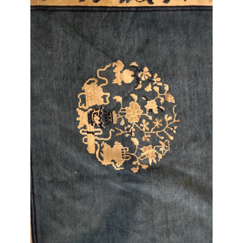 Antique Hand Knotted Pile Wool Blue 1900s Rectangle Rug