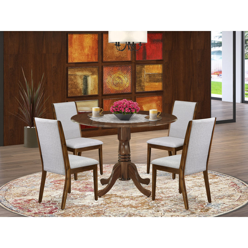5 Piece Dinette Set for Small Spaces Contains a Round Dining Room Table with Dropleaf and 4 Upholstered Chairs, 42x42 Inch, Antique Walnut
