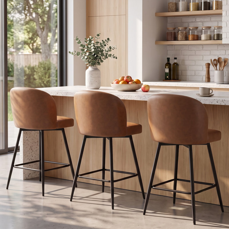 Ensemble de 3 tabourets de bar pivotants à 360 °, Walnut/Faux Leather, 3