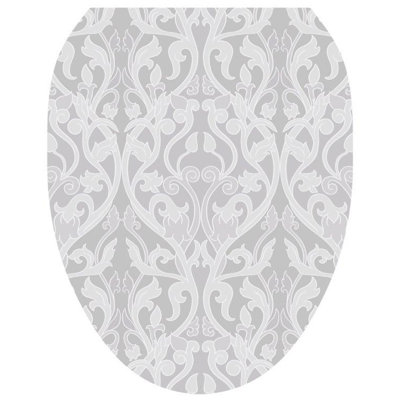 Elegant Grey Damask Toilet Seat Decal – Toilet Tattoos Modern Static Cling Vinyl Lid Cover Fits Round & Elongated Seats