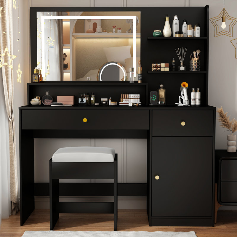 Ensemble de coiffeuse avec lumières DEL, tabouret et station de charge rapide, Noir, noir, noir, noir