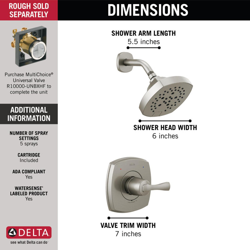 Ensemble de robinet de douche à fonction unique Stryke 14, ensemble de garniture de valve de douche H2Okinetic, Nickel brossé