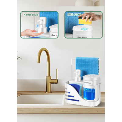 Distributeur de savon de cuisine 4 en 1, comprenant un distributeur de savon pour les mains et la vaisselle, un porte-éponge et un porte-torchon pour évier.