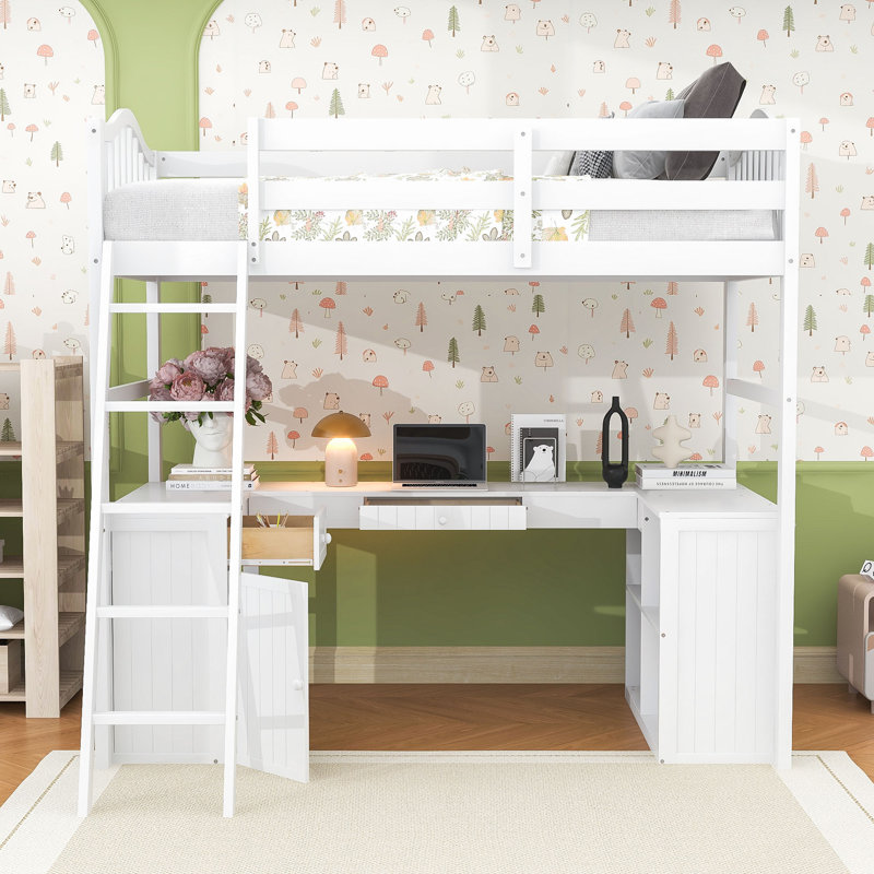 Lit mezzanine simple avec bureau, tiroirs et tablettes