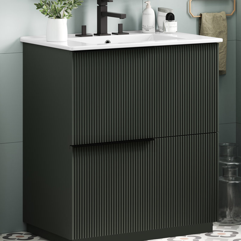 30" Bathroom Vanity In Hue, With Ceramic Sink, Full - Extension Drawers And Soft Close Undermount Slides For Functional Setup A Smooth Fluted Design Space Utilization
