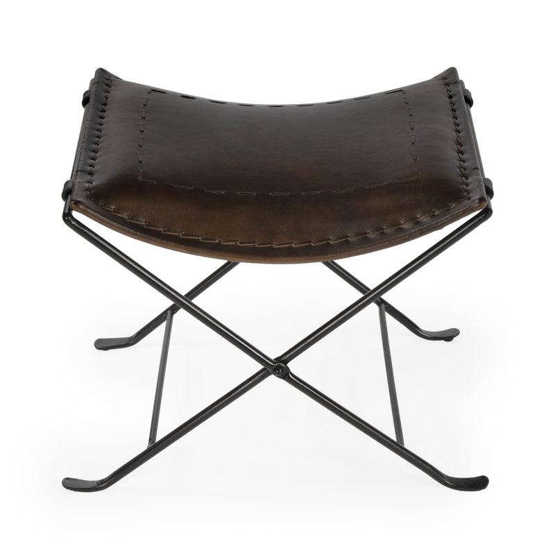Sanford Iron Accent Stool, Dark Brown Genuine Leather