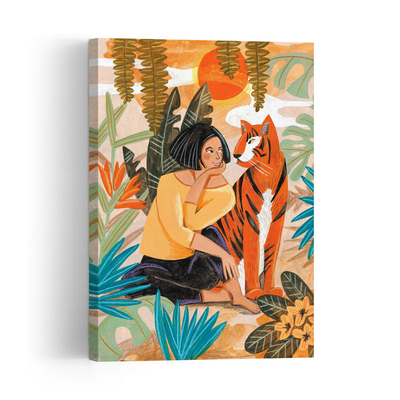 Woman With Tiger Abstract Tiger Flower Forest Wall Art Print, 91.44cm H x 60.96cm W