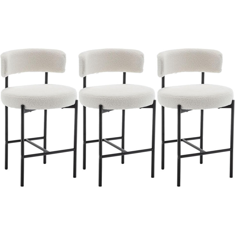 Boucle Bar Stools Set Of 3, 24" Modern Counter Stools With Backs, Upholstered Barstools For Kitchen Island, Bar, Cafe, White