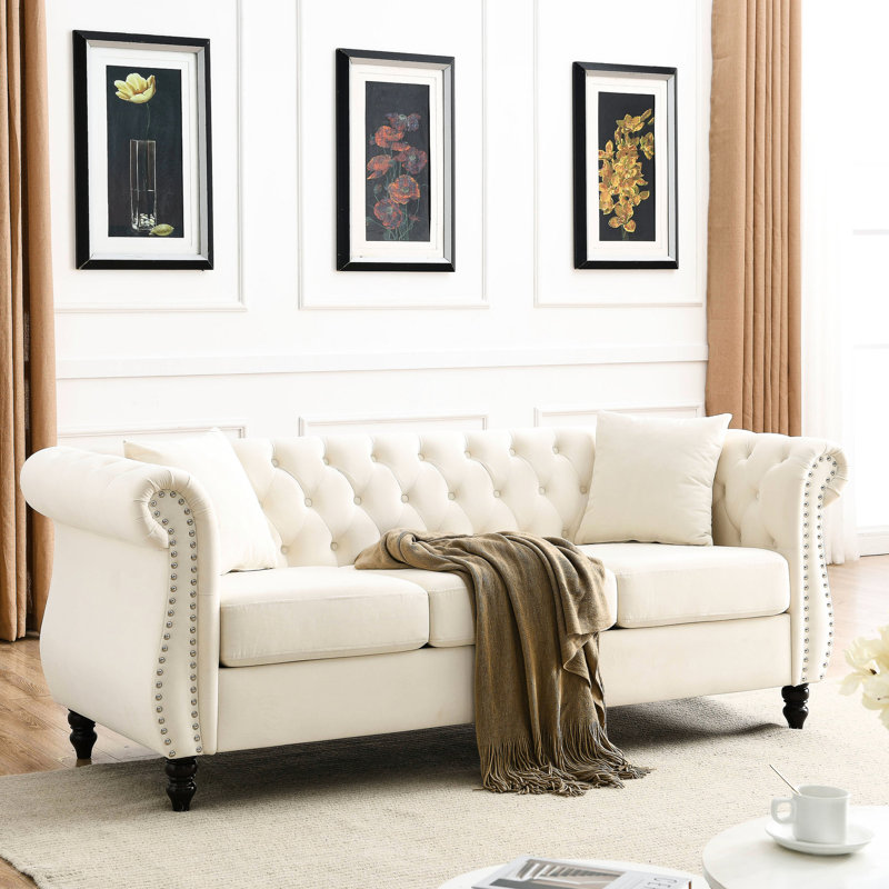 Canapé en velours beige 3 + - Siège spacieux et dossier au design élégant, Beige