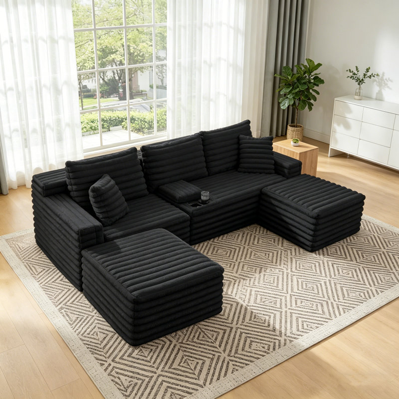 Canapé modulaire en forme de U 127 po en velours côtelé noir avec porte-gobelets, 2 repose-pieds et ports USB, aucun assemblage requis