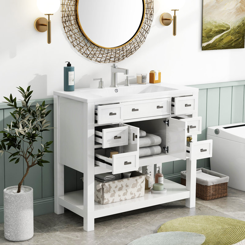 Meuble-lavabo 36 po avec lavabo supérieur, armoire de rangement moderne avec 2 portes à fermeture douce et 6 tiroirs, meuble-lavabo simple