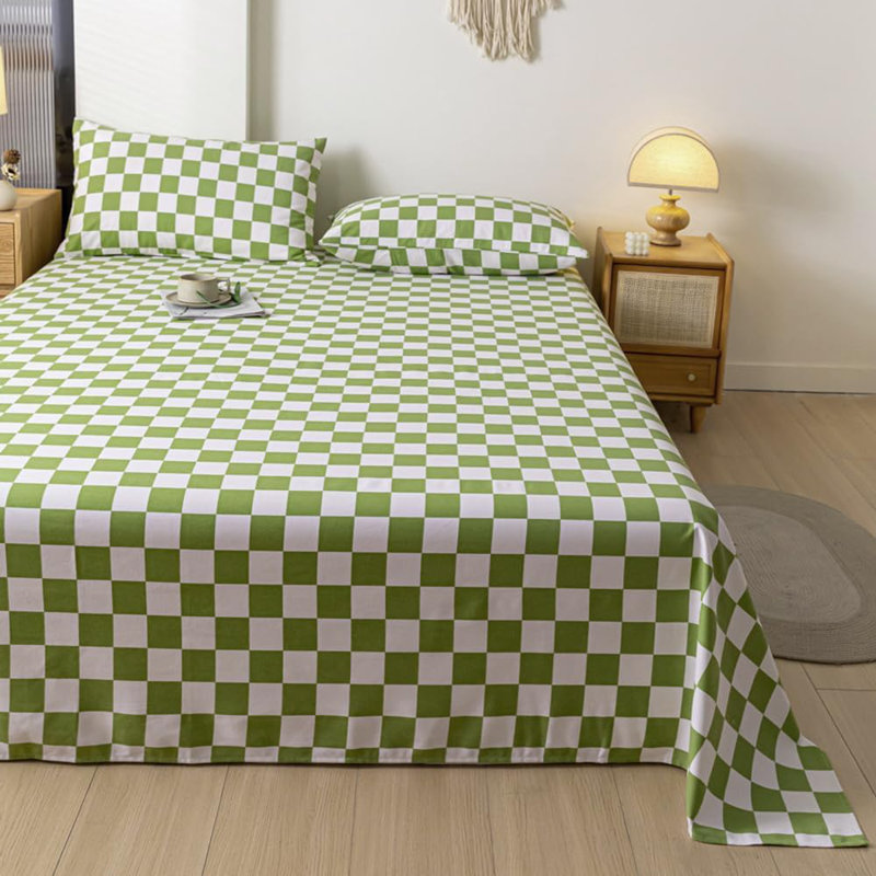 Grid Sheet Set 4 PCs Bedding Sheet Set 1 Fitted Sheet 1 Flat Sheet 2 Pillowcases, Green Checkered