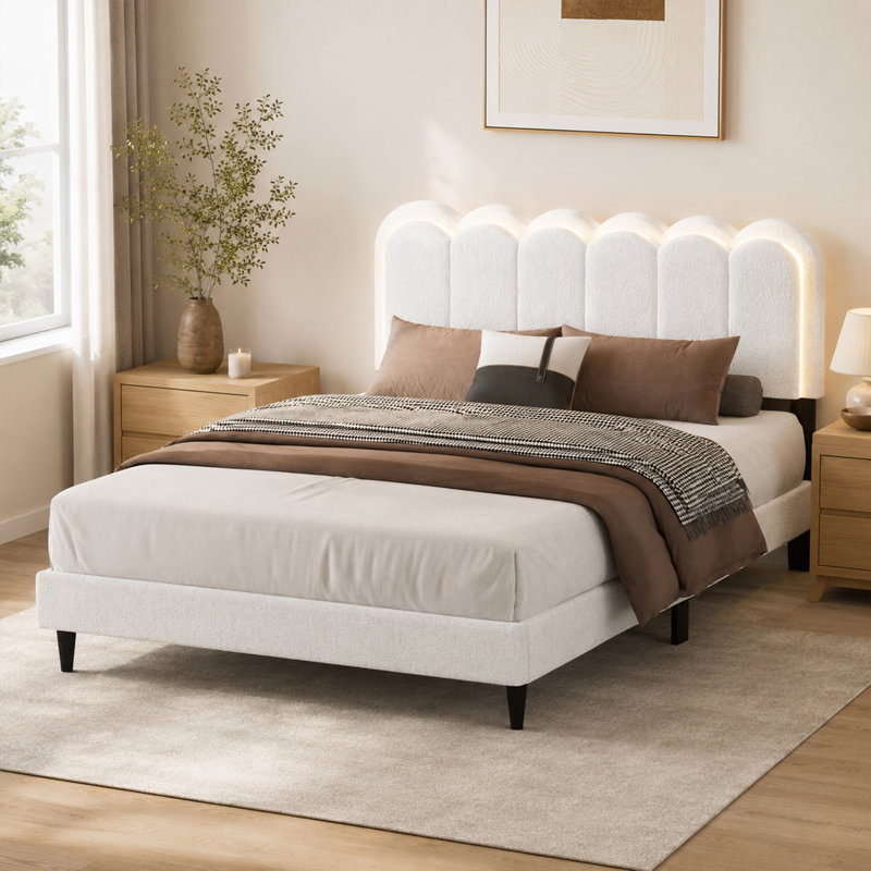 Mevlor Queen Upholstered Bed with Petal Headboard LED Lighting and Solid Wood Frame, Queen
