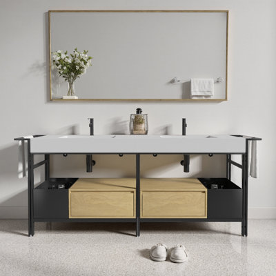 Meuble-lavabo industriel 72 po FORTE avec plateau en quartz, tiroir à fermeture en douceur et structure en métal sur mesure FORTE