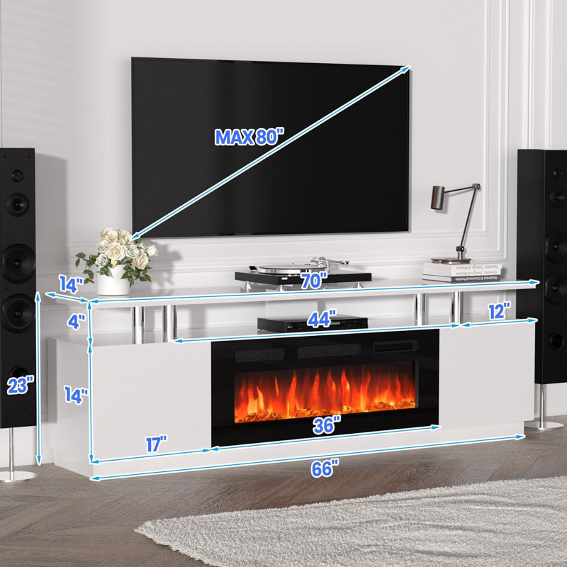 70" Electric Fireplace TV Stand with Storage Cabinet, 2-Tier Console with Heater & 12 LED Flame Colors, White Finish