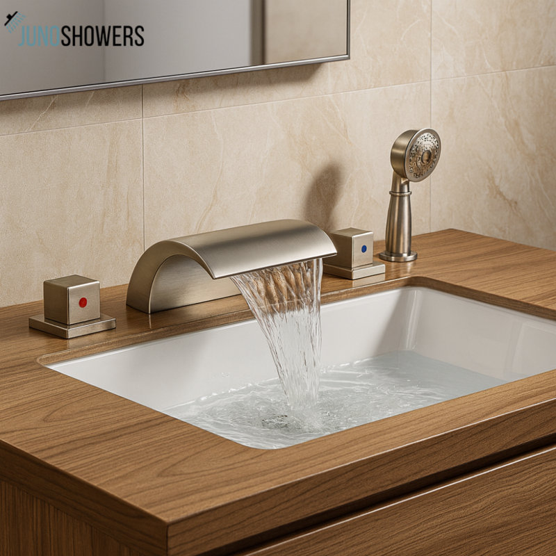 Robinet de baignoire cascade en nickel brossé avec douche à main - Robinet à fixation sur plateau à poignées triples