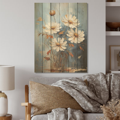 White Daisy Efflorescence Bouquet Serenity I - Daisies Wood Wall Art On Natural Pine Wood