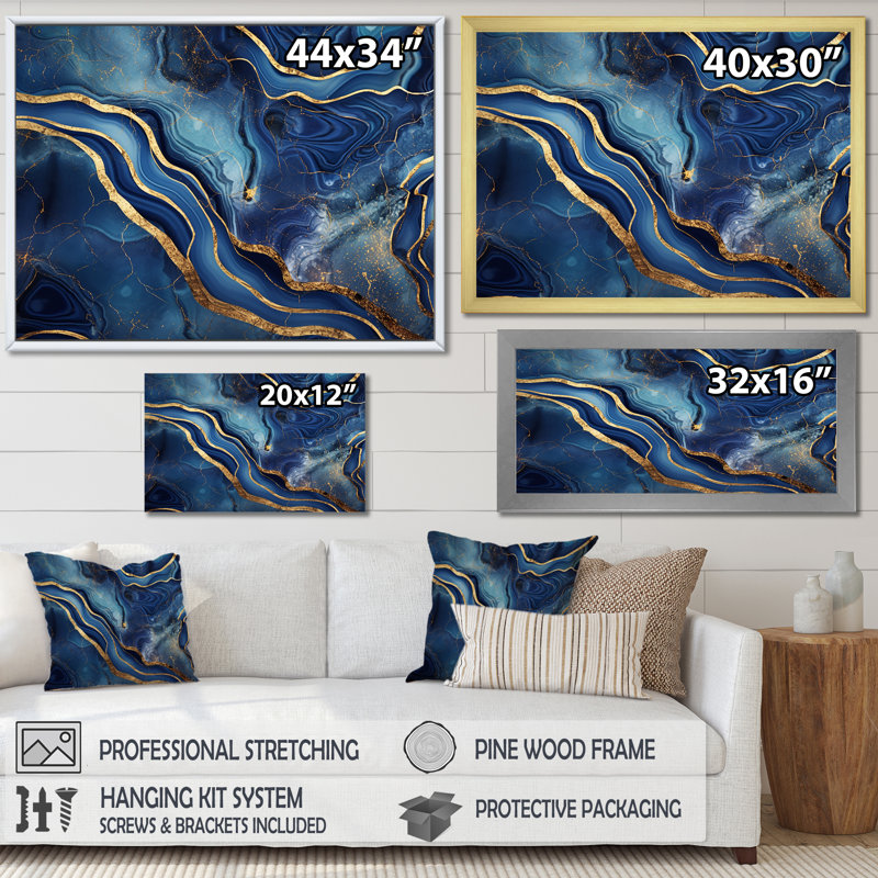 Bleu et or abstrait marbre mirage III - décoration murale en marbre, Cadre doré à coins fermés, H 24 po x l 32 po x P 1 po