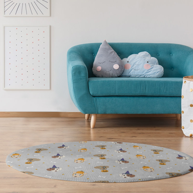 Tapis gris/orange/bleu area fait main, Rond 5 pi