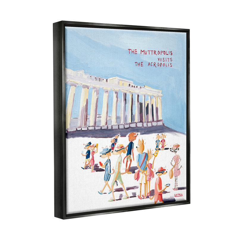 «Muttropolis Visits Acropolis Funny» par Lucy Marshall, peinture, Cadre flottant noir de jais, H 21 po x l 17 po x P 1,7 po