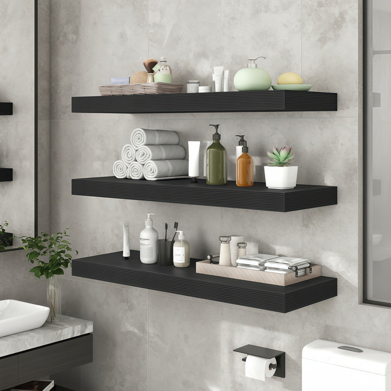 Black Floating Wall-Mounted Shelf (2-Pack), With Concealed Bracket, Suitable For Bedroom / Kitchen / Living Room / Bathroom, For Both Decoration And Storage.