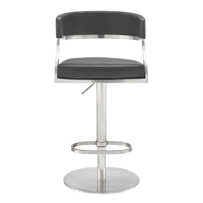 Callie Modern Retro Swivel Metal Adjustable Height Barstool With Faux Leather Seat, Black, Brushed Stainless Steel